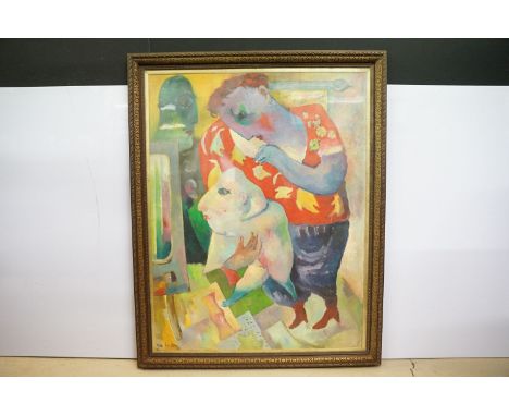 Surrealist portrait study depicting a family group, oil on canvas, signed, 97 x 75cm