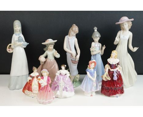 Selection of figurines to include Lladro 2007 annual piece girl with bag, girl with bouquet, Nao examples of girl in hat and 