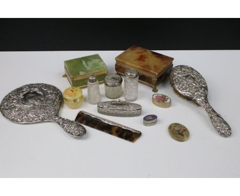 Victorian part dressing table set, with embossed white metal mounts comprising: mirror, brush, comb and four cut glass lidded
