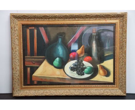 Still life depicting fruit, bottle, flask and pewter plate on a table, 41 x 61.5cm, gilt framed