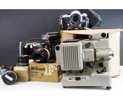 Quantity of cameras to include Eumig Wien automatic projector, Nikon Nikkormat, Powerzoom together with a selection of Nikon 