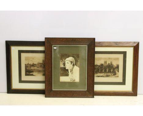 Walter W Burgess (1856 - 1908), a pair: view of Worcester Cathedral from the Severn and view of Hereford Cathedral, etchings,