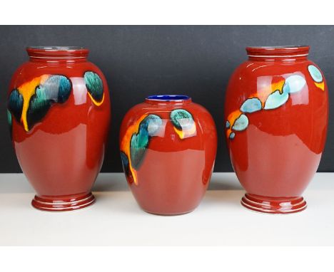 Poole Pottery living glaze pair of oviform vases with grey interior H 22cm together with a smaller example with blue interior