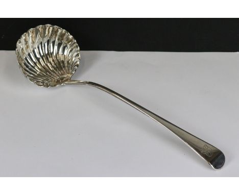 George III silver hallmarked ladle, with shell shaped bowl, London, 1894, maker's mark RC, likely Richard Crossley, 33cm long