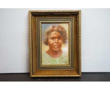 Portrait of an indigenous Aboriginal woman, oil on board, 24.5 x 16cm, framed and glazed