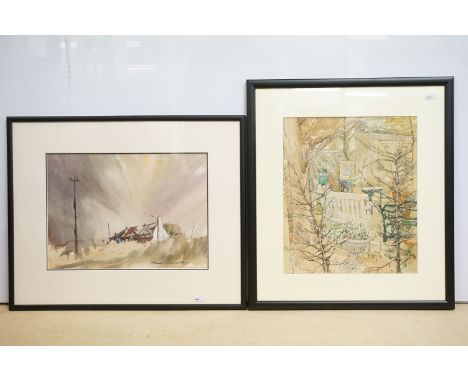 20th century English school, study of a garden scene with furniture, watercolour, signed indistinctly lower right Frances....