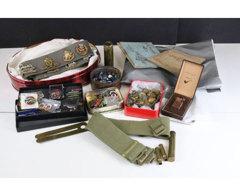 Collection of mixed items to include brass cartridge case, souvenir belt with fourteen badges, Will's cigarette picture card 