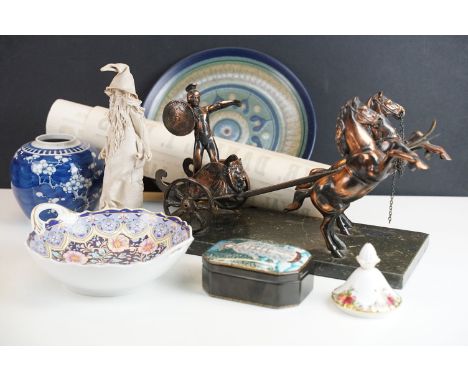 Cast metal gladiator style figurine on marble base together with a Villeroy and Boch Russian Fairy tale 'The Snow Maiden' lid