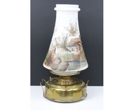 Early 20th century brass English Petroleum Lamp Co, Birmingham, with hand-painted conical glass shade decorated with rural co