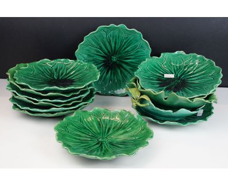Selection of Mintons leaf form plates two with foliage handles, press marked to base, approx. diameter 22.5cm