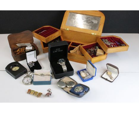Collection of costume and silver jewellery and watches to include Kurt Zeiss watch boxed, Smiths Empire travel clock in leath