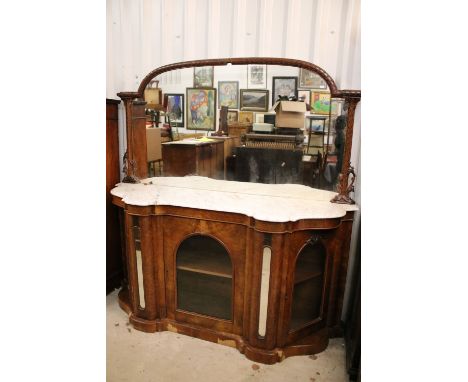 Large walnut and marble chiffonier credenza sideboard with large carved mirror, glass fronted cupboards and mirror detail, H 