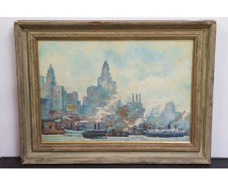 Impressionist busy city and river view with shipping, oil painting, 35 x 50cm, framed and glazed