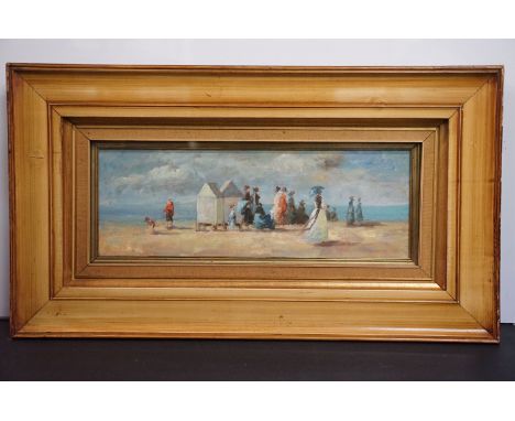 Extensive Impressionist Victorian busy beach scene with figures gathered and bathing machines, oil on canvas, 15.5 x 45.5cm, 