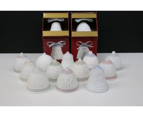 Fourteen Lladro bells, to include two boxed examples, 1999 Christmas Bell and 2000 Christmas bell (14)