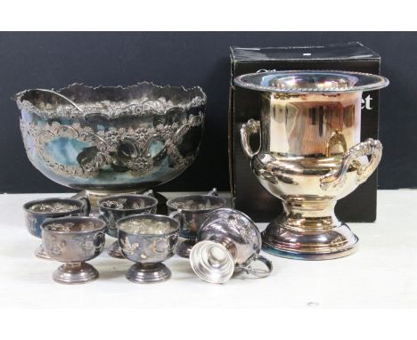 Large ornate silver plated punch bowl with six punch cups and pouring ladle together with a Leonard silver plated Champagne b
