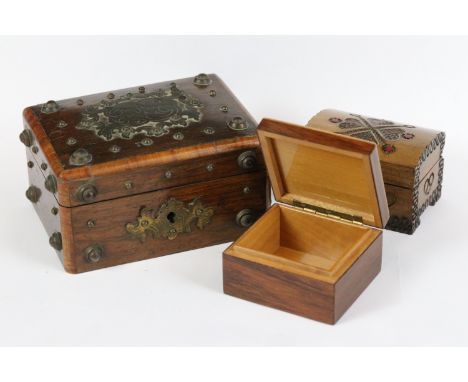 A collection of three wooden trinket boxes of various sizes and forms. Largest measures approx 11cm x 9cm x 6.5cm.