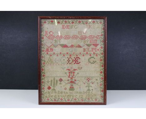 19th century needlepoint alphabet sampler by Elizabeth Lambert, aged 12, dated 1837, H 33cm W 26cm