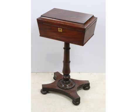 19th century teapoy with lift up lid revealing three caddy spaces supported on a turned and carved column, H 72cm, W 41cm, D 