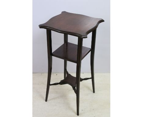 Tall mahogany lamp side table with inlay border detail and lower shelves, H 73cm, W 38cm, D 38cm
