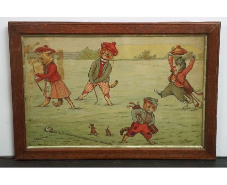 Louis Wain (British, 1860 - 1939), 19th / early 20th century original cartoon of cats playing golf, chromolithograph, 35 x 55