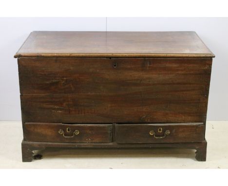 Large mahogany antique coffer chest trunk blanket box with two short drawers and swan neck handles, H 71cm, W 114cm, D 58cm