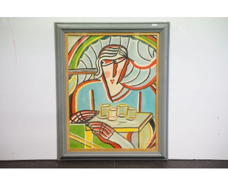 Cubist portrait of Art Deco woman seated in a cafe, oil painting, 57 x 44cm, studio framed