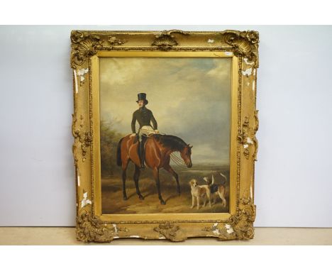 19th century English school, portrait of a gentleman on horseback with two hounds, oil on canvas, indistinctly signed lower l