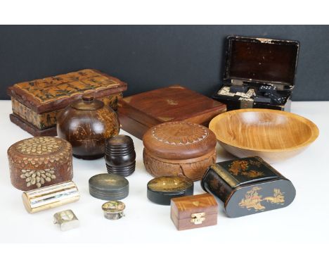 Selection of mixed items to include a brass decorated anchor box, together with a leather picture bound box, match vesta, car