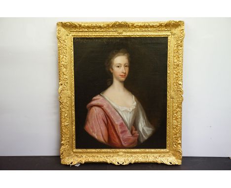 English school, portrait of Lady Christian Carnegie, oil on canvas, titled upper left, 74 x 60.5cm, gilt framed