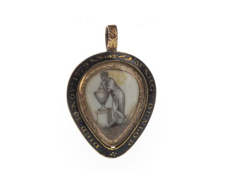GEORGIAN ENAMELLED MOURNING PENDANT, of teardrop form, with central weeping figure within a black enamel border with 'DIED 30