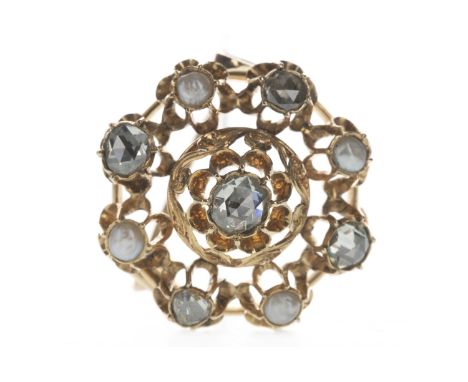 DIAMOND AND PEARL BROOCH, set with rose cut diamonds totalling very approximately 1.10 carats, interspaced by pearls, 25mm in