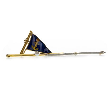 ENAMELLED NAVAL FLAG BROOCH , the blue enamel section with anchor topped by a crown, 21mm high, marked 9CT, along with two pe