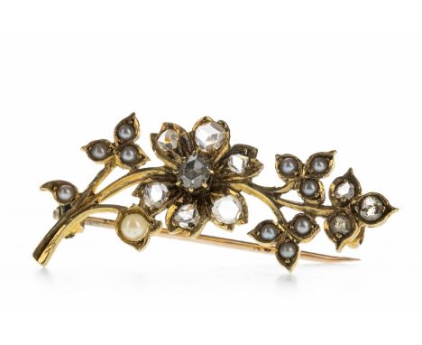 DIAMOND AND PEARL FLORAL SPRAY BROOCH, set with rose cut diamonds totalling approximately 0.55 carats, flanked by seed pearls