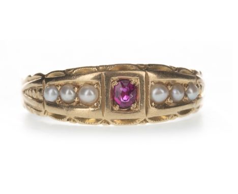 RED GEM SET AND PEARL RING, set with a central oval red gem flanked by seed pearls, within a scalloped border, in eighteen ca