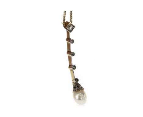 DIAMOND AND PEARL NECKLACE, with a baroque pearl to a diamond set bar, the diamonds totalling approximately 0.10 carats, to a