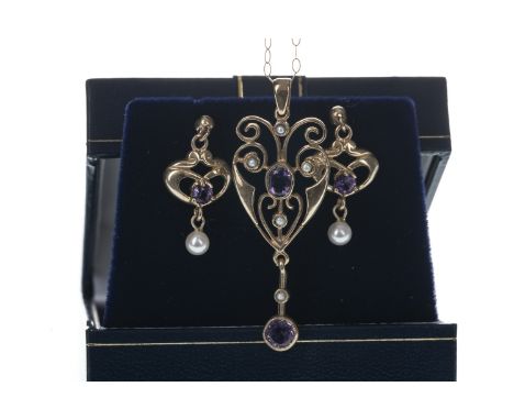 PURPLE GEM SET AND SEED PEARL PENDANT, of openwork sinuous form, with round and oval purple gems and seed pearls, in nine car