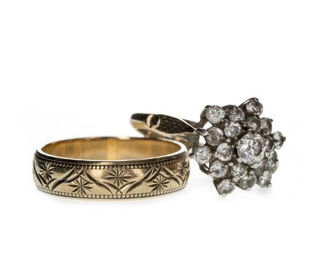 NINE CARAT GOLD WEDDING BAND, with engraved decoration, size N 1/2, 3.2g, along with a gem set cluster ring marked GOLSIL, si