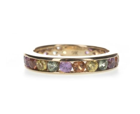 COLOURED SAPPHIRE ETERNITY RING, set with pink, orange, yellow and green sapphires, marked 9K, size M, 3.2g