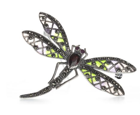 PLIQUE A JOUR DAMSELFLY BROOCH, with ruby eyes, marcasites and pear shaped garnet to the body, the wings with purple and gree