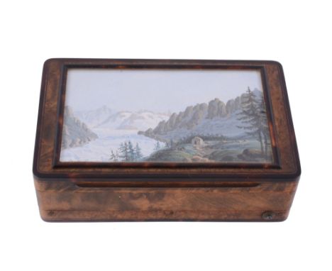  A Swiss burr wood rectangular musical snuff box,   mid 19th century, the cover inset with a gouache of a glacier landscape, 