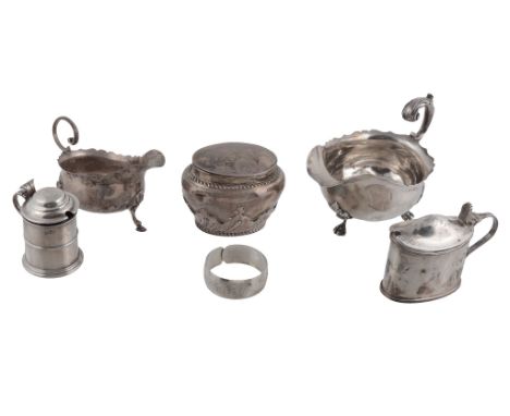  A collection of silver,   including: an oval tapered tea caddy, London 1897, engraved with a crest; two shaped oval sauce bo