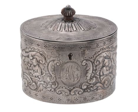  A George III silver straight-sided oval tea caddy by John Denzilow,   London 1782, with a lobed horn finial to the dome cent