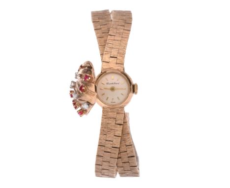  Bueche Girod, a 9 carat gold, ruby and diamond cocktail watch  , hallmarked London 1963, manual wind movement, 17 jewels, ca