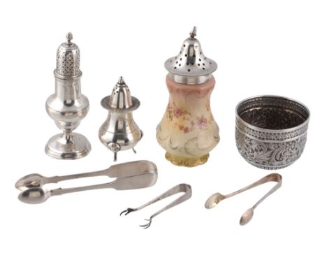  A collection of silver items,   to include: a George III silver baluster sugar caster, London 1792, with a cone finial to th