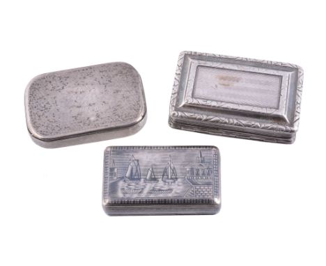  A George IV silver rectangular snuff box,   maker's mark TS, Birmingham 1823, the cover with engine turned decoration, a rec