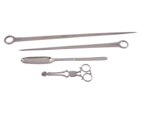  Two George III silver plain ring terminal meat skewers,   by George Smith II, London 1796 and by Richard Crossley, London 17