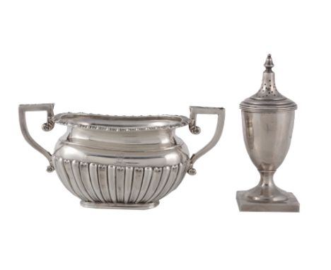  A late Victorian silver oblong baluster twin handled sugar basin,   maker's mark worn, Chester 1896, with harp handles, a ga