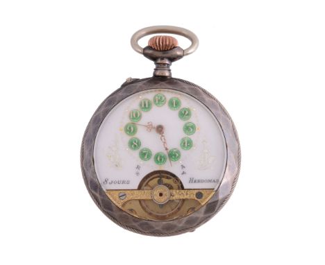  A German silver Hebdomas pocket watch,   no. 475412, post 1886 .800 standard, 8 day movement, white enamel dial, green ename