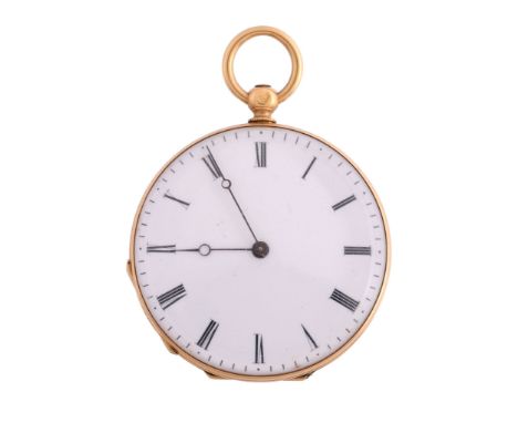  A gold open face fob watch,   no. 4181, cylinder movement, white enamel dial, Roman numerals, blued steel Breguet hands, fou